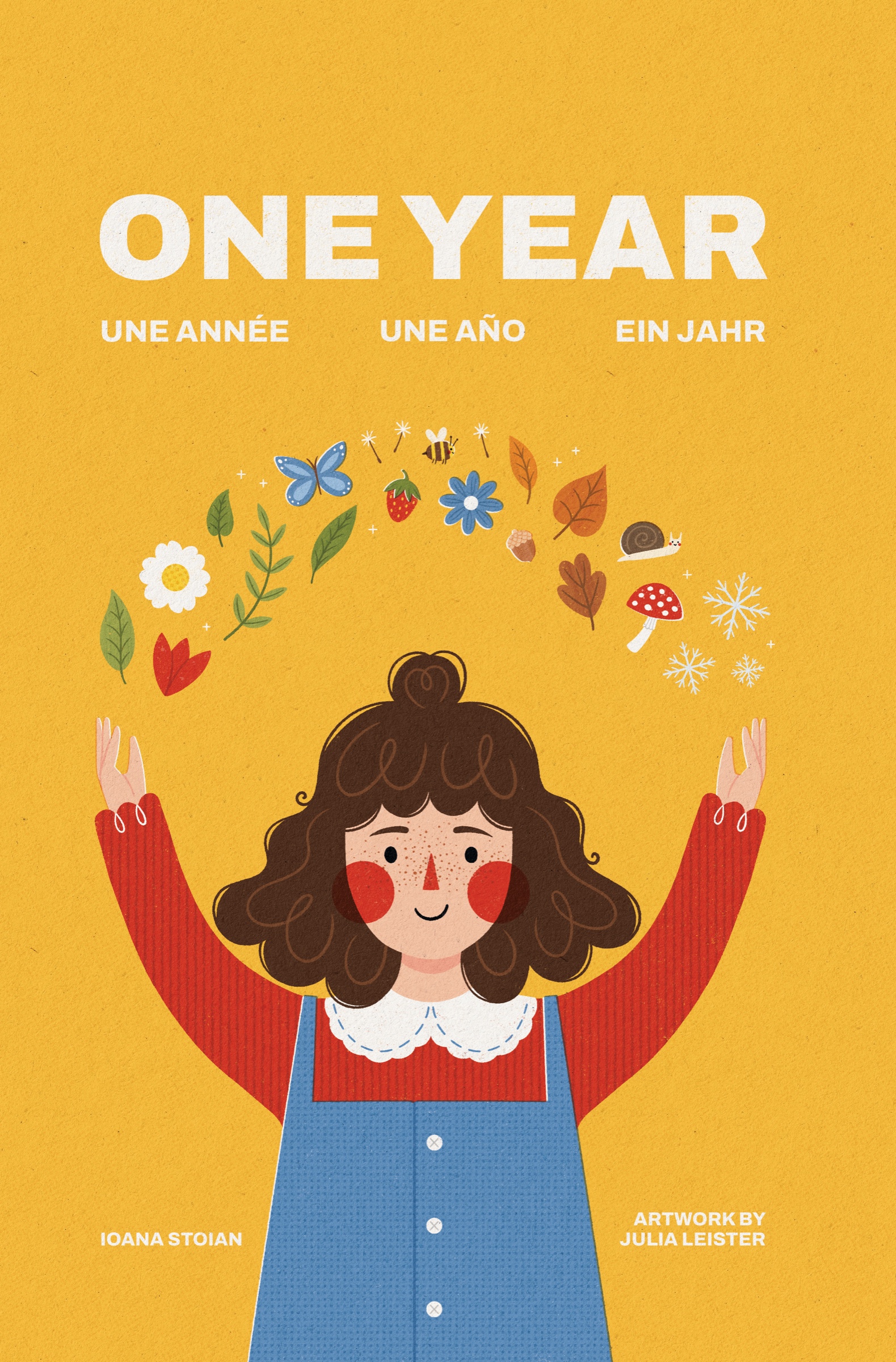 Front cover of One Year: a smiling child raising their hands beneath a ring of seasonal flowers, leaves, and creatures