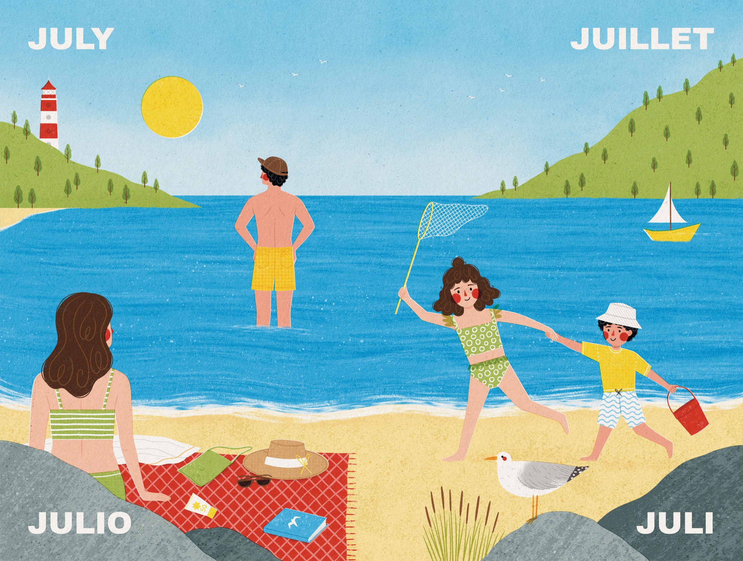 Interior spread from One Year for July: a family at the beach: a woman on a red blanket, a man wading, and two children with a net and pail, with the month named in English, French, Spanish, and German