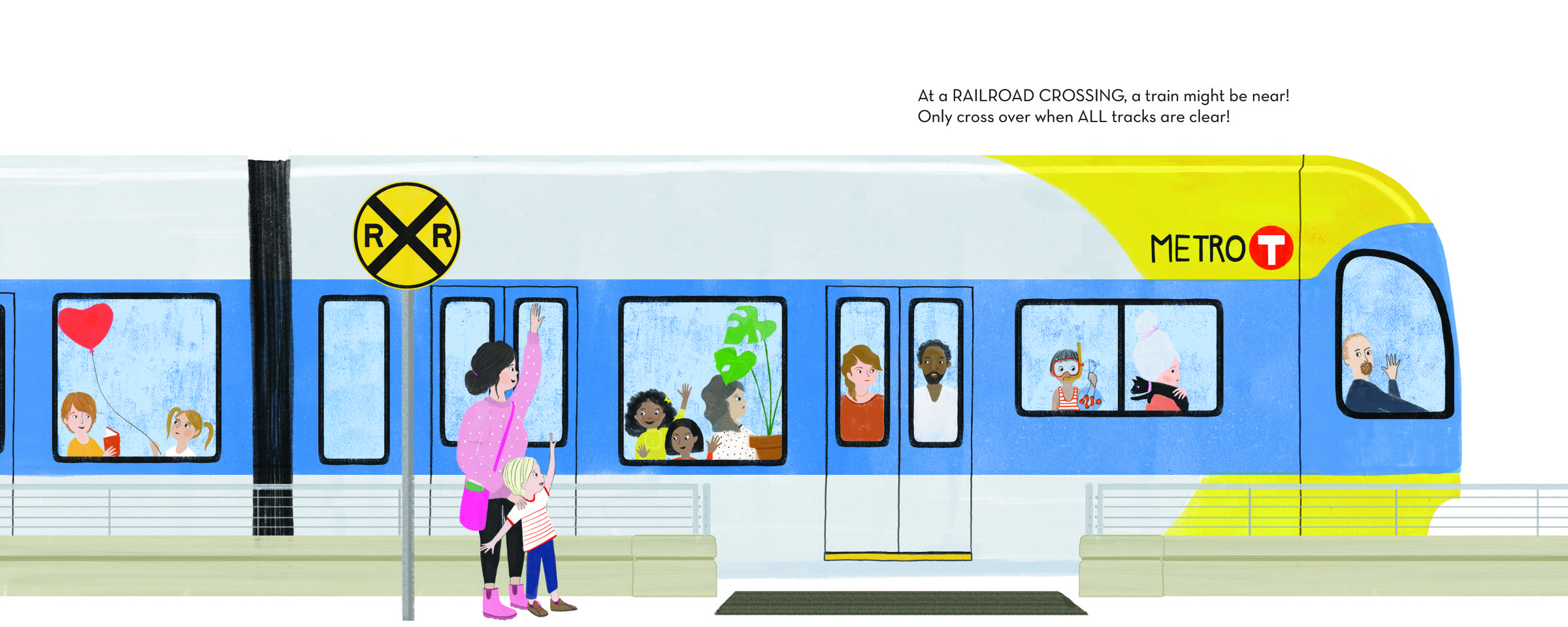 Interior spread from Begin One Way: a mother and child on a platform wave to passengers aboard a blue and yellow Metro train beside a round railroad-crossing sign